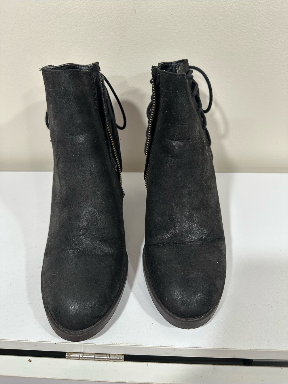 SM New York Black Suede Lace-Up Ankle Booties with Side Zip